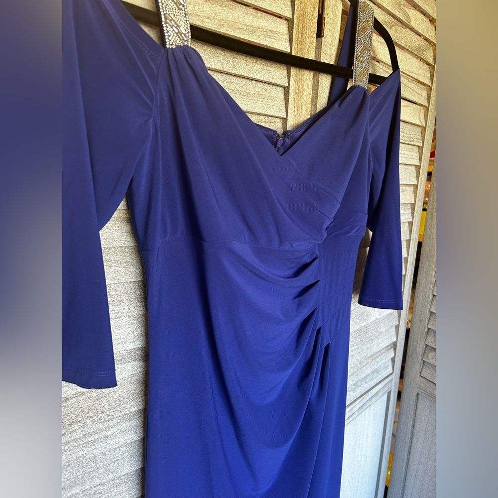 R&M RICHARDS Royal Blue Evening Gown Long Dress Rhinestone Straps Side Slit Sz 8